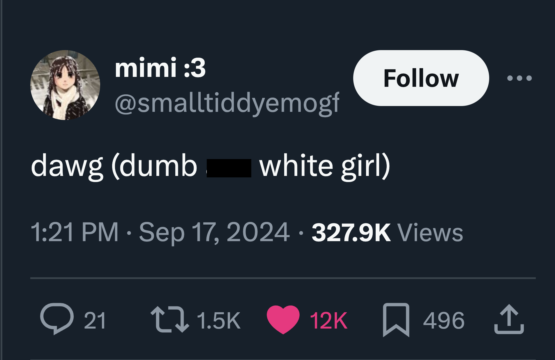 screenshot - mimi 3 dawg dumb white girl Views > 21 t 12K 496